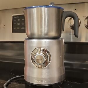 Breville Stainless Steel Milk Frother with Blue Trim and Black Handle
